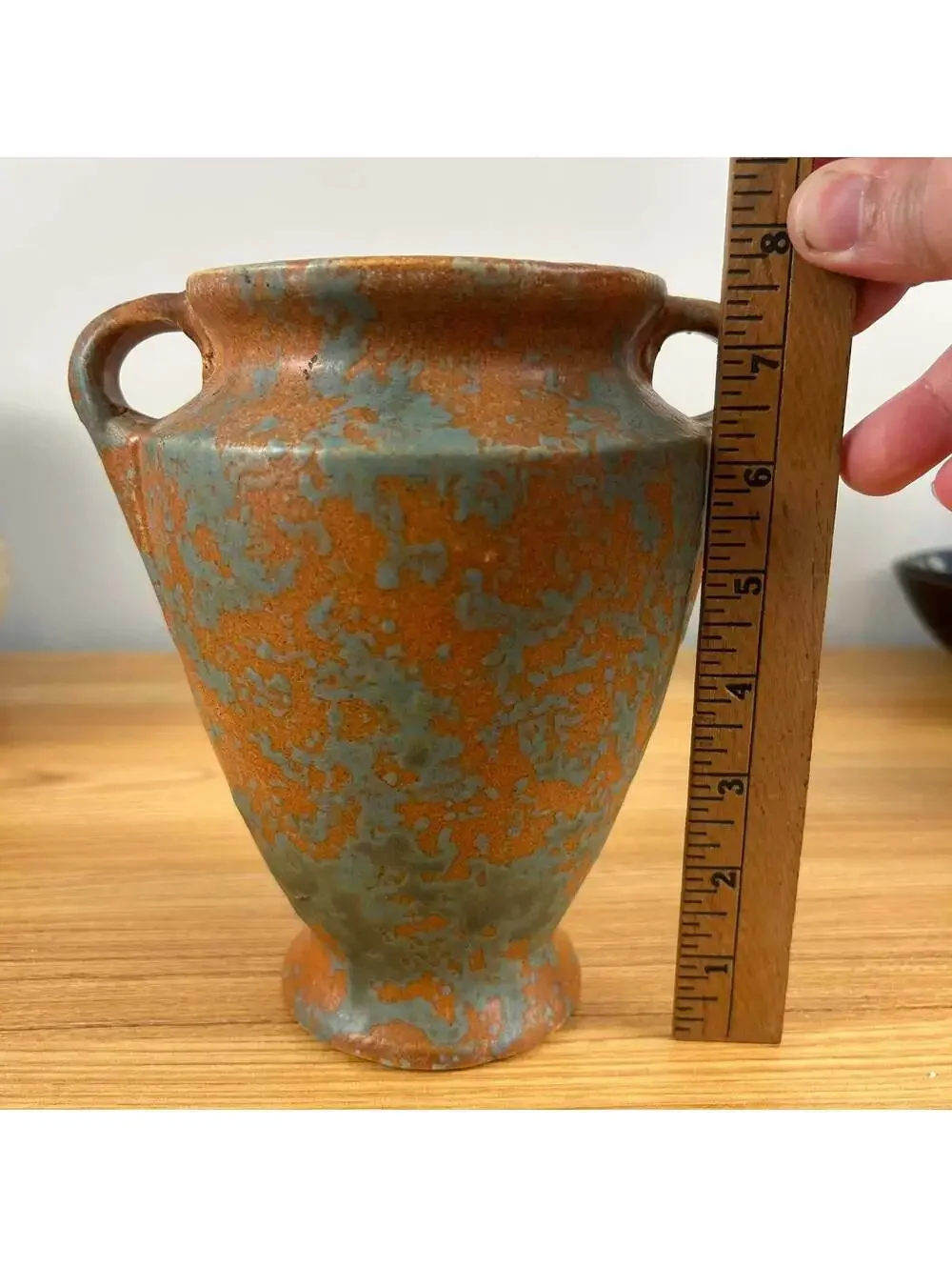 Burley WInter 1930s Vintage Art Pottery Mottled Green and Orange Handled Vase 45